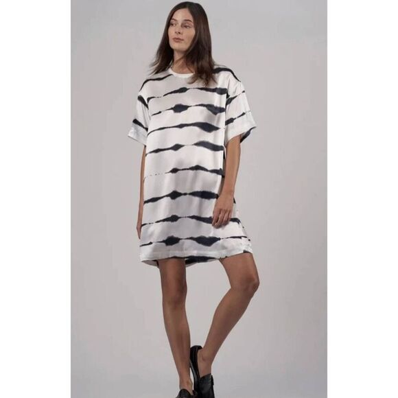 ATM Silk Charmeuse Tie Dye Stripe Crew Neck Shirt Dress Size M/L - Picture 1 of 9